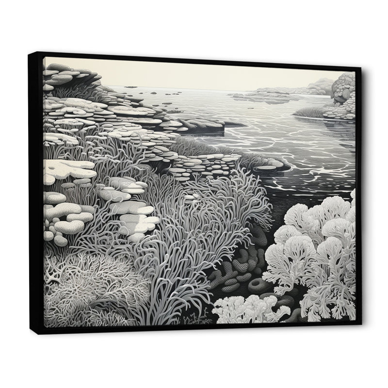 Scènes marines grises sur toile, H 30 po x l 40 po x P 1,5 po, Cadre flottant noir