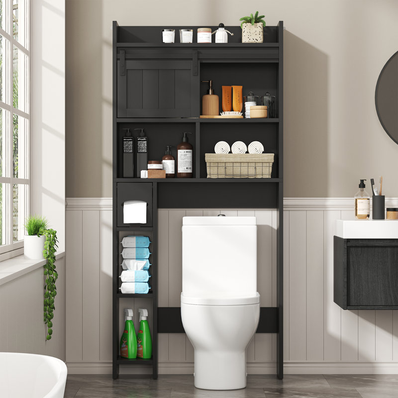 Bathroom Over-The-Toilet Storage Cabinet With Sliding Door, 7.5" Depth Space-Saving Organizer With 3-Tier Shelves & Toilet Paper Holder