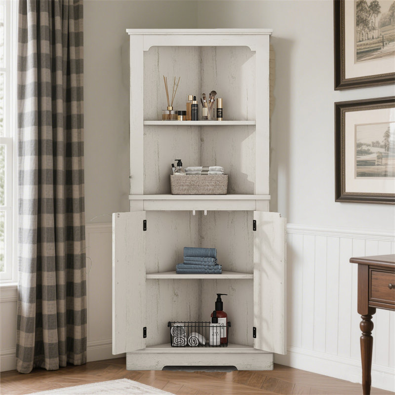 Grande armoire d'angle avec tablettes ouvertes, Beige