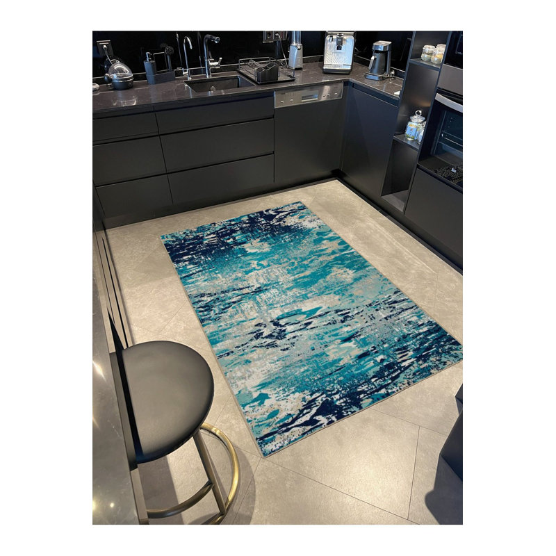 Machine Washable Aqua Colored Pixel Patterned Modern Patterned Woven Base Rug, Rectangle 4'7" x 6'7"