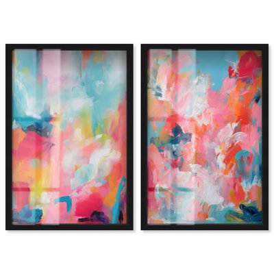 Décoration murale colorée Vibrant Abstract Echo Duo Shadowbox par Art Remedy, cadre noir, 30 x 45