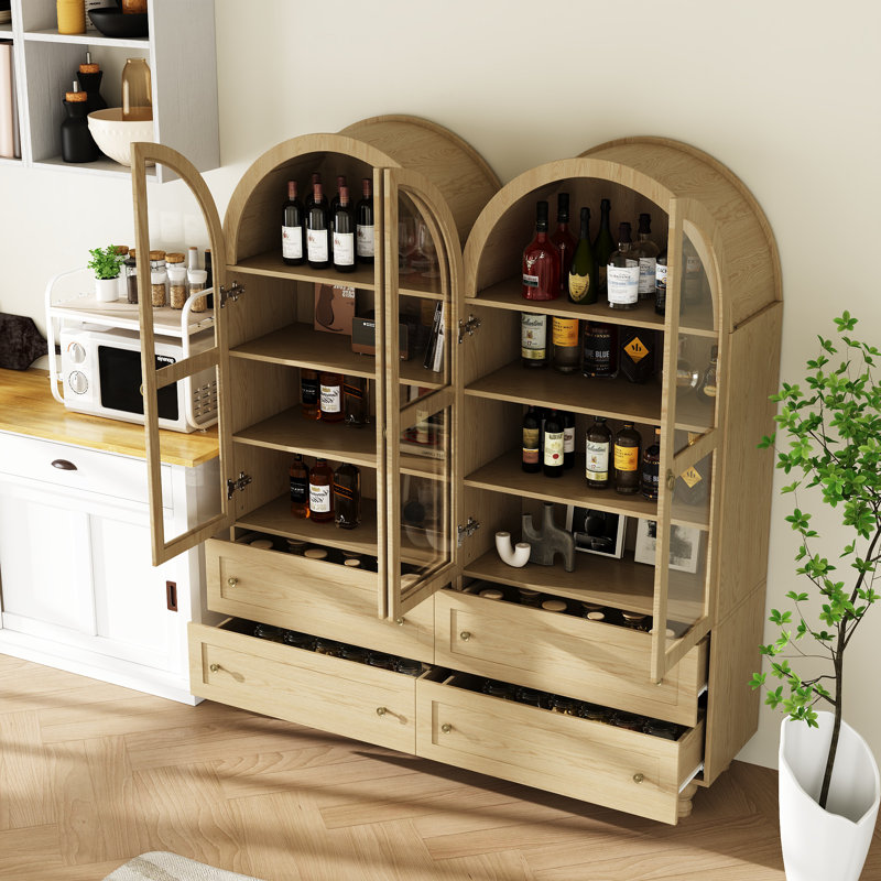  Bibliothèque arquée 71 "avec rangement pour garde-manger avec porte vitrée, bibliothèque avec 2 tiroirs, Chêne naturel