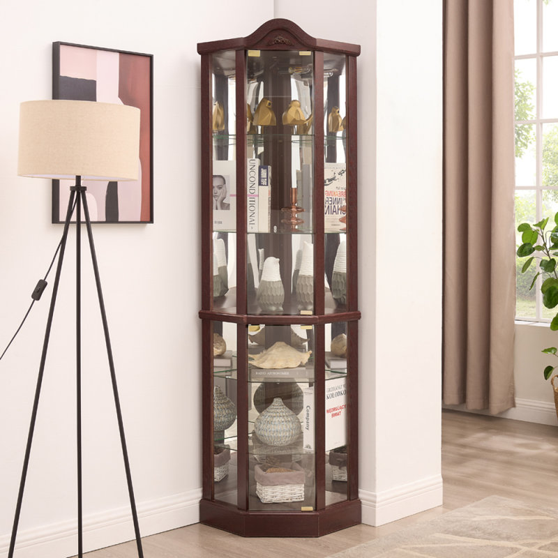 Vitrine d'angle vitrée lumineuse avec tablettes réglables, Cerisier