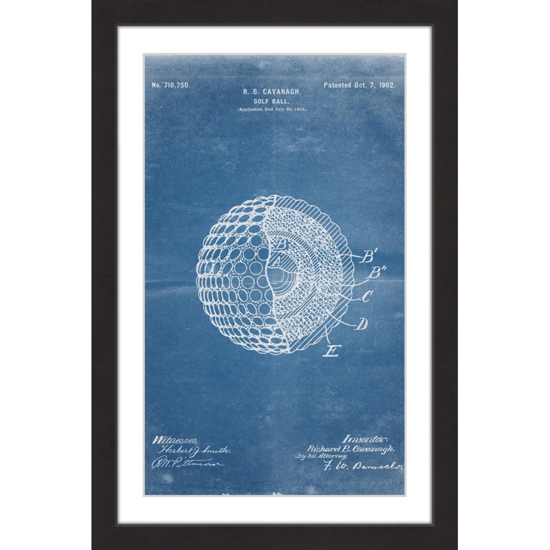 « golf ball 1902 blueprint » par steve king, reproduction d’art encadrée, H 30 po x l 20 po x P 1,5 po