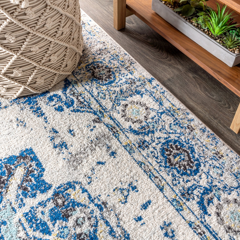 Tapis ivoire / bleu Lathem, Rectangle 5 pi 3 po x 7 pi 7 po