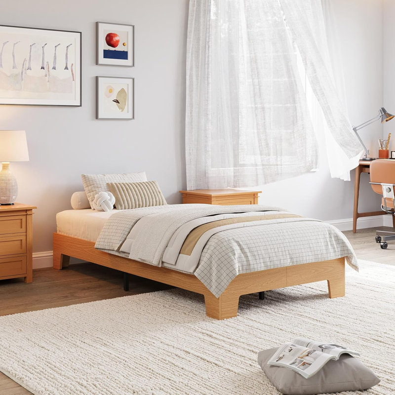 Twin Wooden Platform Bed Frame, Farmhouse Minimalist Design, Reinforced Slats, No Box Spring, Twin, Ivory