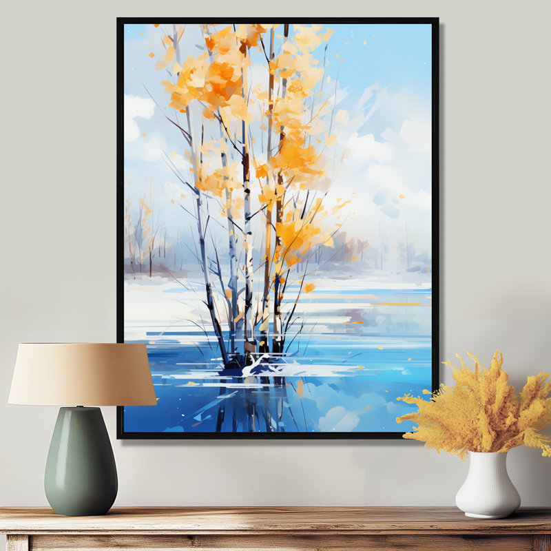 Bouleau blanc, feuilles jaunes et hiver, lac bleu - arbre, décoration murale, H 32 po x l 24 po x P 1 po