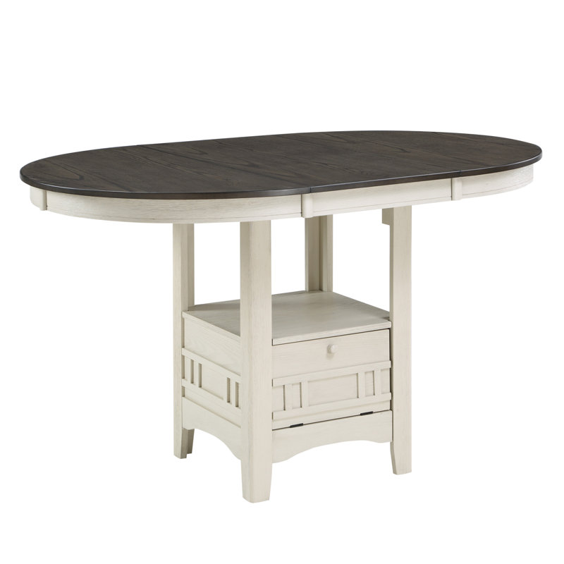Table de salle à manger à hauteur de comptoir de style traditionnel avec rallonge et rangement en blanc / brun, blanc antique et brun rosé, de base