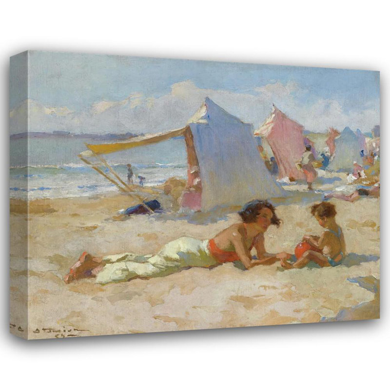 "Jouant sur la plage" par Charles Atamian - Art mural sur toile tendue avec châssis, H 24 po x l 17 po
