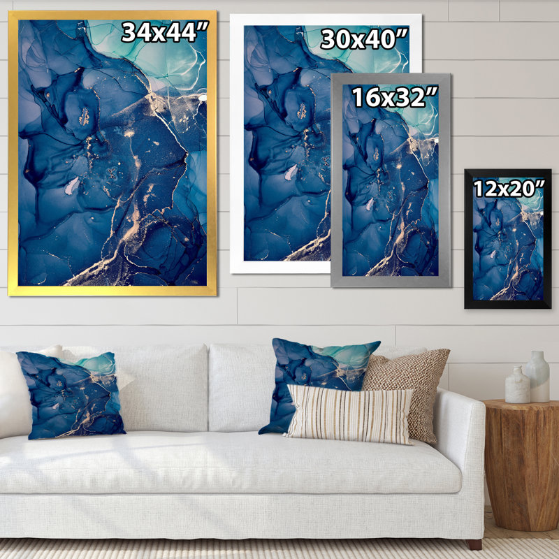 Blue Ink Clouds II - peinture sur toile, H 44 po x l 34 po x P 1,5 po, Cadre photo blanc