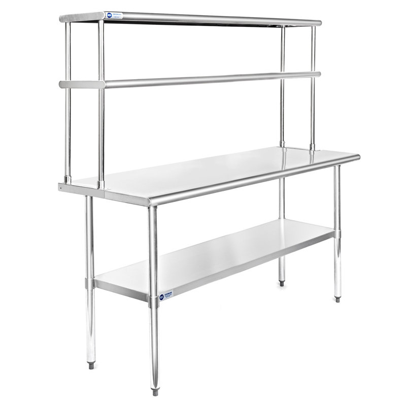 60" Silver Stainless Steel Prep Station with Double Overshelf