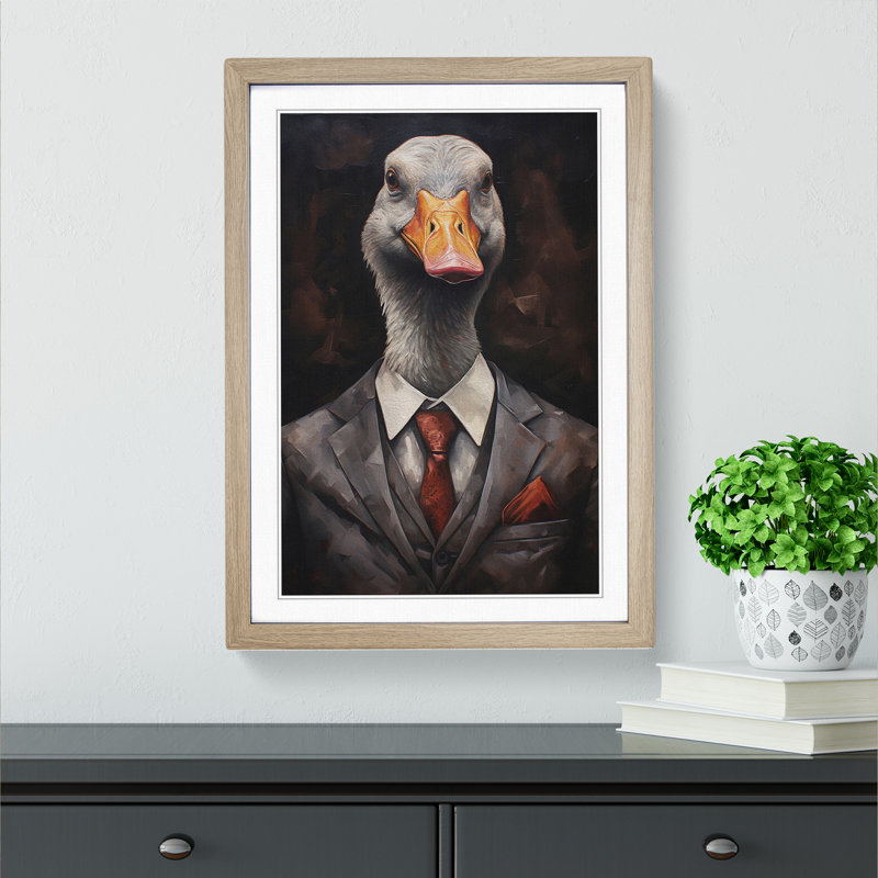 Goose In A Suit Painting - Single Picture Frame Print on Wood, Oak Framed, 46cm H x 34cm W