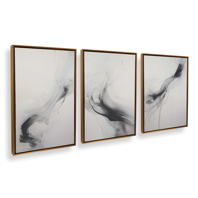 Ethereal Smoke Dance, ensemble de 3 impressions sur toile dans un cadre, Cadre flottant or poli