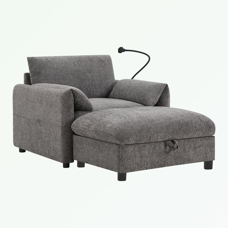 Canapé simple avec repose-pieds de rangement, support de téléphone réglable et chargeur USB, Gris