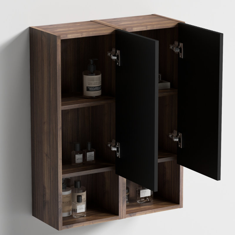 Armoire latérale Mid-Century noir et noyer pour salle de bain Cc1014s110,309, rangement de 14 pouces, textures à rayures chics, panneaux en bois massif multicouches E1-Grade ouverts, surface douce, rails, charnières
