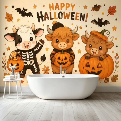 Peler et coller le papier peint adhésif Mignonnes vaches d'Halloween citrouilles décorations festives, art mural auto-adhésif et amovible