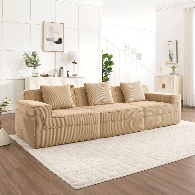 Canapé modulaire sans siège à 3 places - tissu velours côtelé, canapé Cloud, siège très profond, coussins décoratifs, Brun, 3