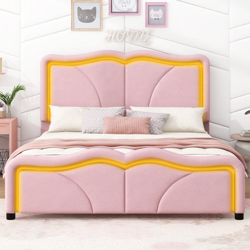 Lit plateforme tapissier avec motifs ondulés, tête de lit à hauteur ajustable et bandes lumineuses à DEL, Simple, Rose