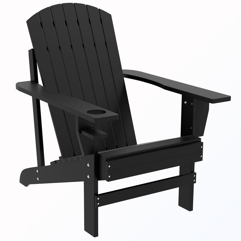 Patio Wooden Adirondack Chair With Cup Holder, Black
