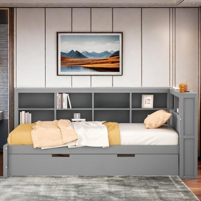 Wooden Daybed With Twin Size Trundle, Storage Shelf And Usb Charging Ports by Harriet Bee