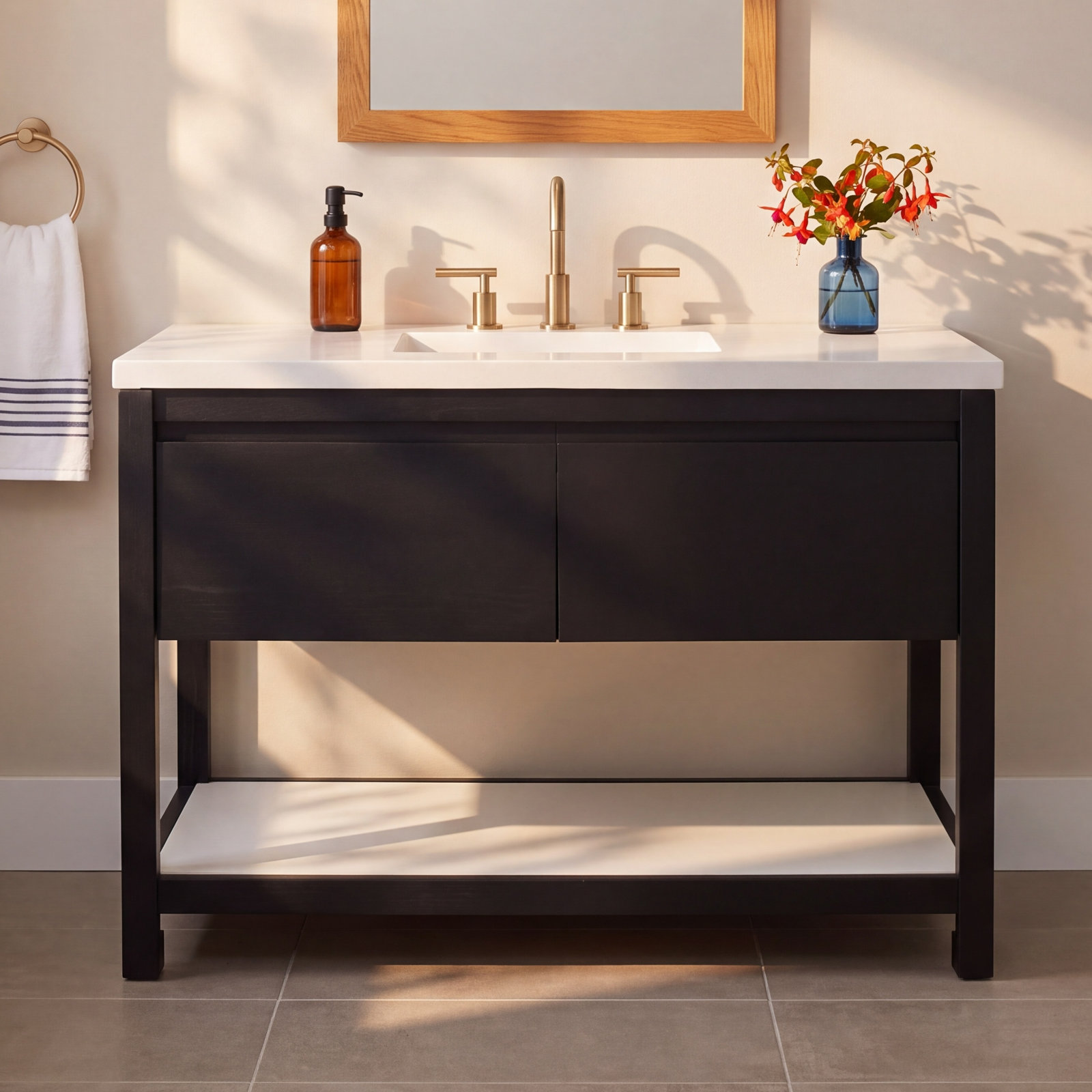 Solace 49" Oak Single Bathroom Vanity, Pearl, Midnight Oak