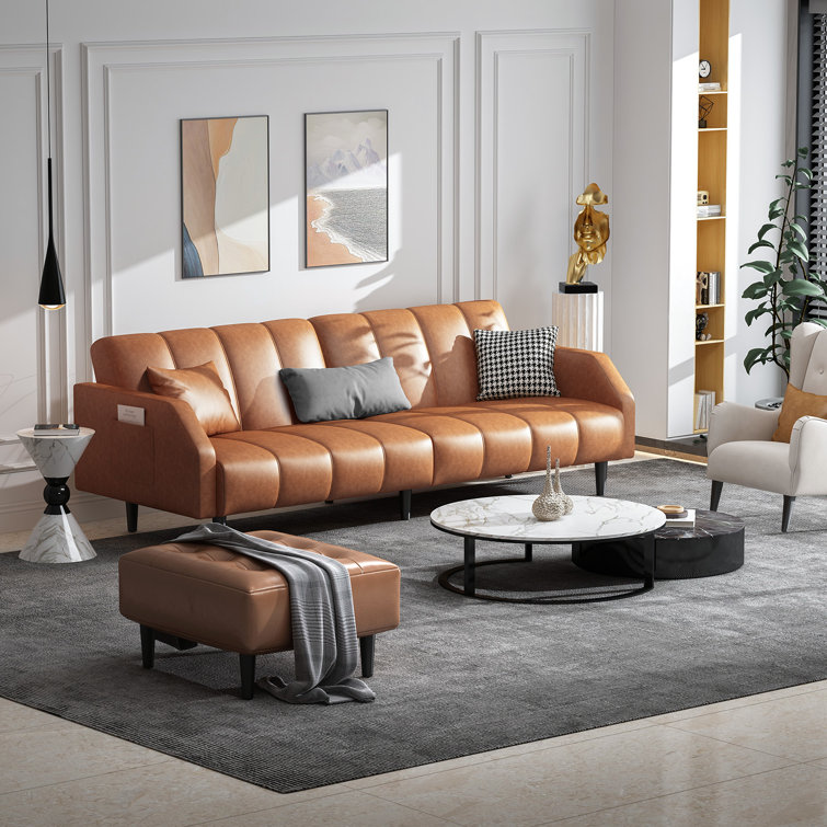 Fabry 77.56 Faux Leather Convertible Sofa Ebern Designs Fabric: Orange Faux Leather