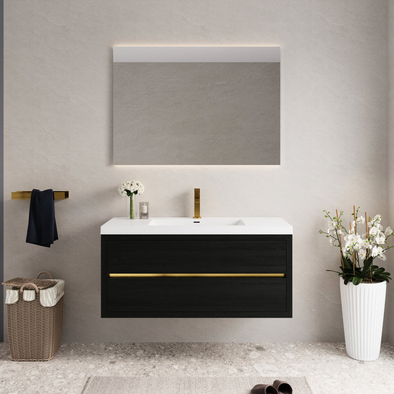 Meuble-lavabo mural de 48 po avec lavabo, meuble de rangement flottant, comptoir en résine de pierre, bois, tiroirs à fermeture en douceur pré-assemblés, en U pour les articles essentiels, lavabo blanc brillant, surface