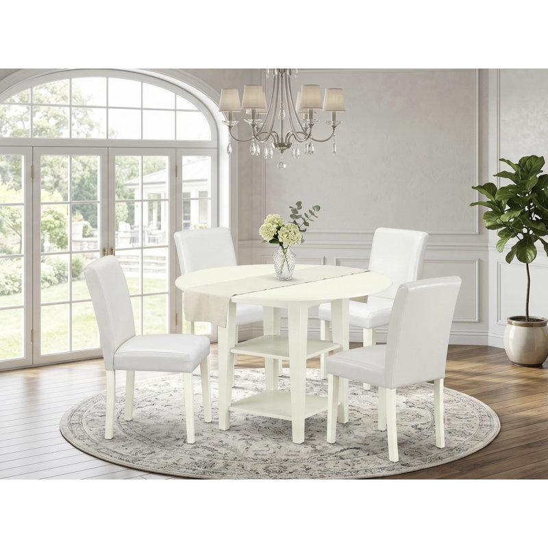 L'ensemble de 3 pièces de table de salle à manger moderne comprend une table ronde en bois avec Dropleaf et des tablettes et 2 chaises de salle à manger Parson en similicuir blanc, 42 x 42 pouces, lin blanc