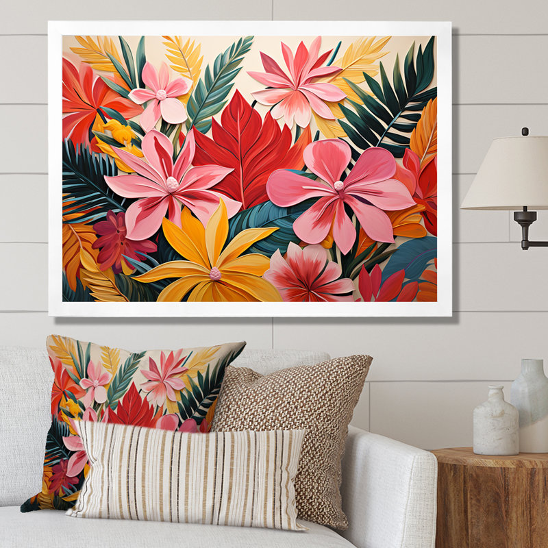 Motif de jungle tropicale rose floral II - art mural floral, Cadre de coin blanc fermé, H 12 po x l 20 po x P 1 po