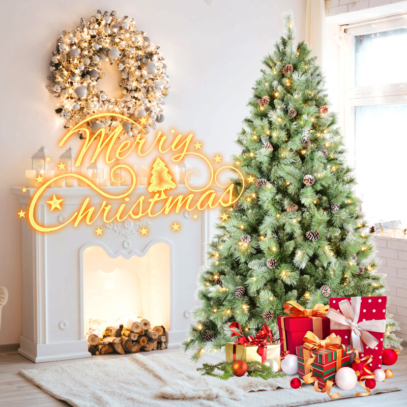 Arbre de Noël avec lumières DEL blanc chaud - pointes en PVC et aiguilles dures, pommes de pin, conception à branches articulées, support en métal robuste - arbre de Noël réaliste