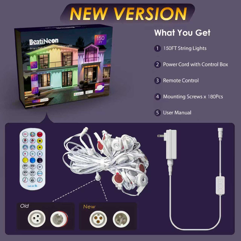 150Ft RGB+IC Permanent Outdoor Lights, Smart Christmas Light, 90 LEDs Individual Control, IP68 Waterproof Eave Lighting for House Holiday, App & Remote Control, Works with Alexa, Google Assistant