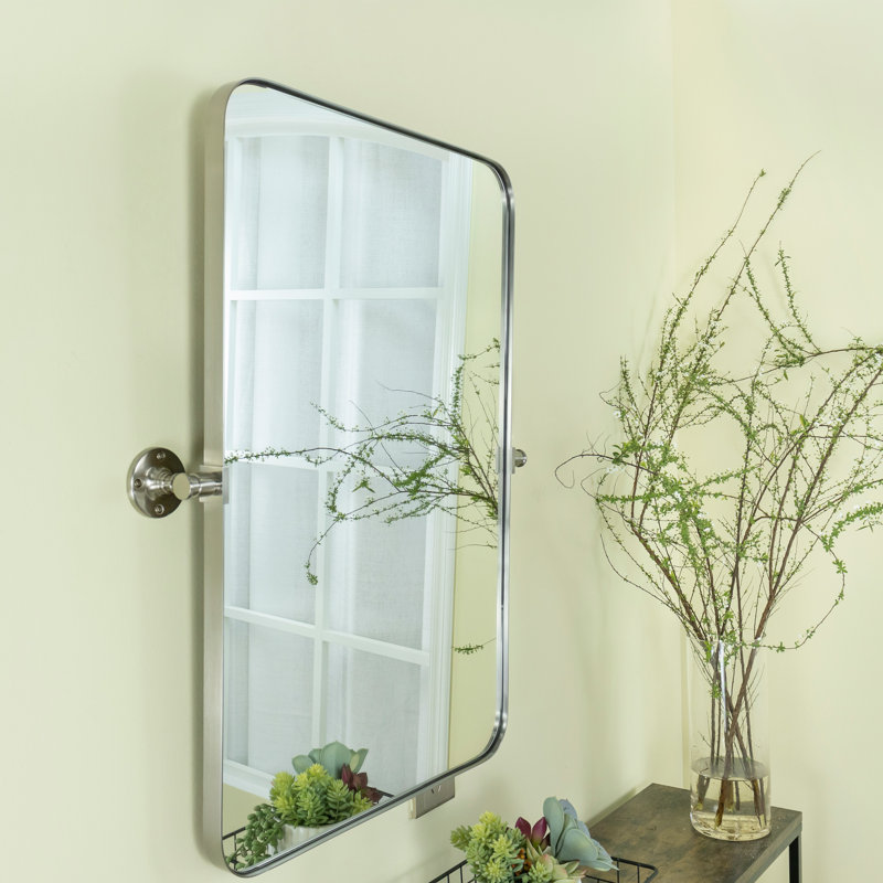 Aura Rounded 30" H x 20" W Small Rectangular Pivoting Metal Framed Wall Mounted Bathroom Vanity Mirror in Brushed Nickel