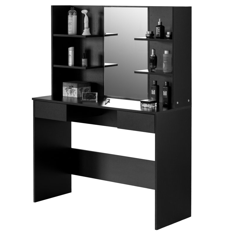 Coiffeuse moderne en bois massif avec miroir, Noir