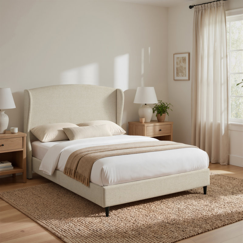 Mikala Wingback Platform Bed Frame, Full, Beige Linen