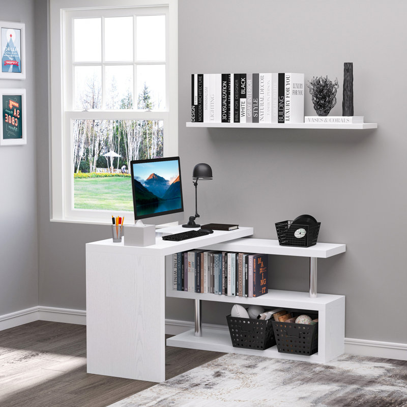 360? Rotating White L-Shaped Corner Computer Desk with 3-Tier Storage Shelves