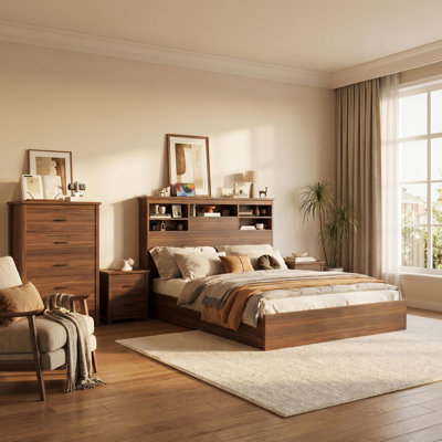 4-Pieces  Bedroom Sets,  Platform Bed With High Headboard, Storage Nightstand And 9 Drawer Dresser
