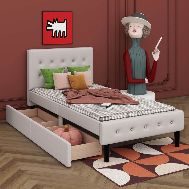 Lit plateforme simple tapissier avec 2 tiroirs, Beige