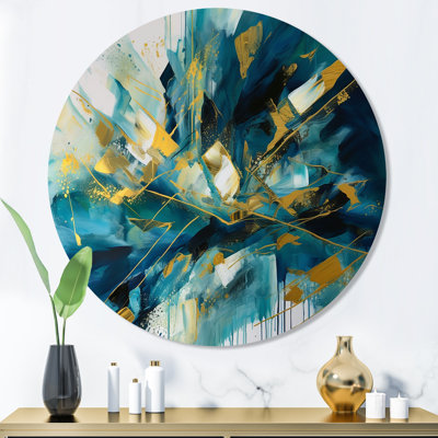 Golden Explosion Triangles V - Abstract Geometric Round Wall Art on Metal