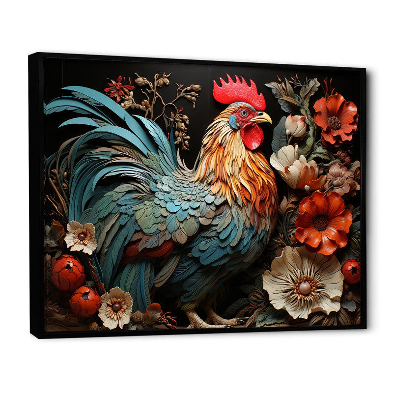 Art mural coq moderne avec coq moderne, H 34 po x l 44 po x P 1,5 po, Cadre flottant noir