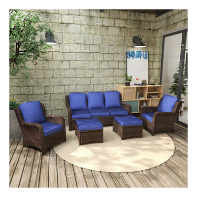 Ensemble de conversation modulaire en rotin pour l'extérieur avec 3 sièges, 2 fauteuils simples et 2 repose-pieds pour la pelouse, le balcon, le jardin et la cour (ensemble de 5)