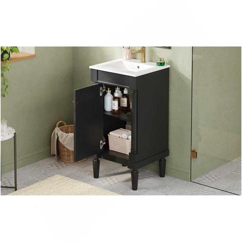 Armoire de salle de bain de style français 18 po avec rangement, solution pour petit espace avec lavabo en céramique, tablette réglable, charnières à fermeture en douceur