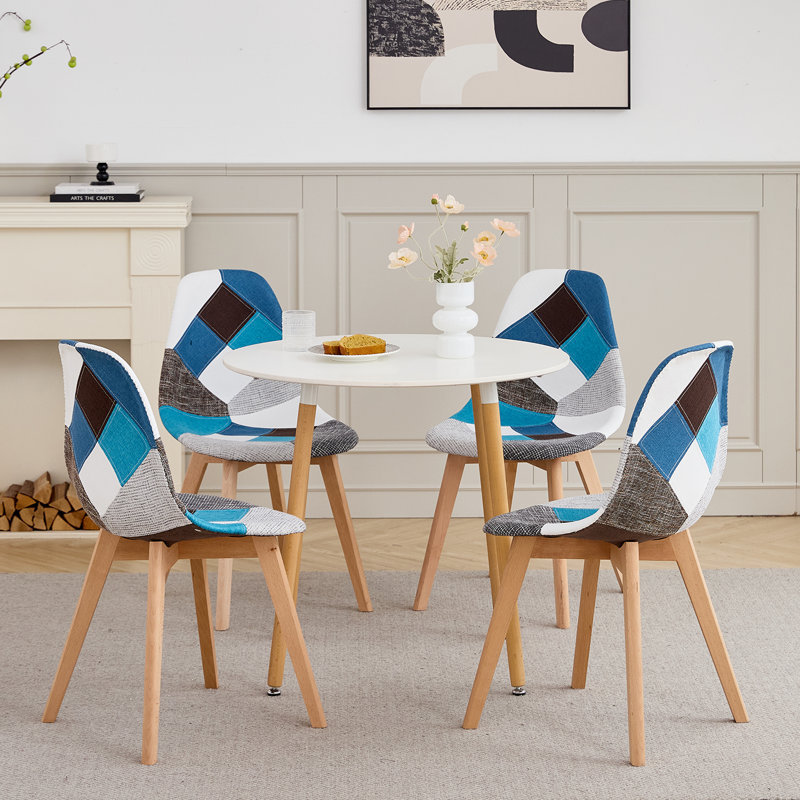 40.5cm Patchwork Linen Nordic style Dining Chairs with Solid Wood Legs, Blue 