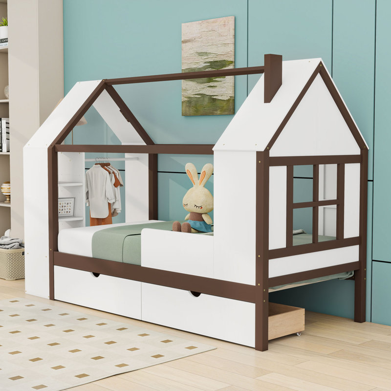 Lit plateforme simple en bois avec tablettes et tiroirs de rangement intégrés, Blanc espresso
