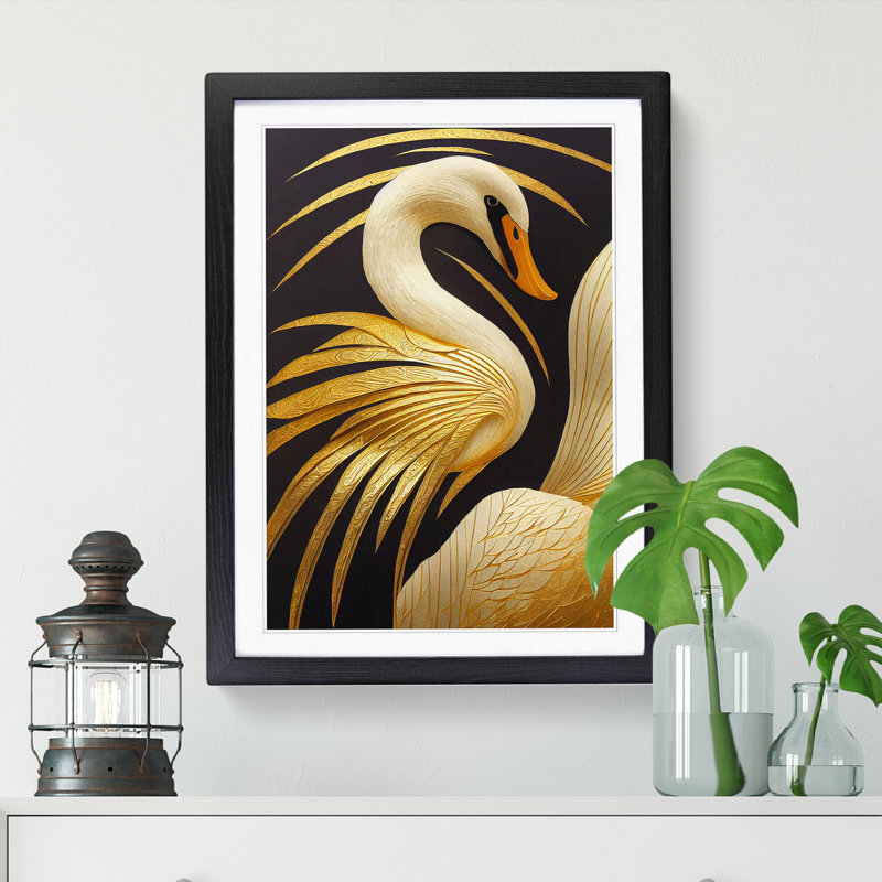 Swan Gold Leaf - Single Picture Frame Print, Black, 34cm H x 25cm W x 2cm D