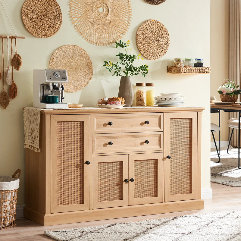 Buffet Niyah 58 po avec rangement, buffet avec 4 portes et 2 tiroirs, Rotin naturel