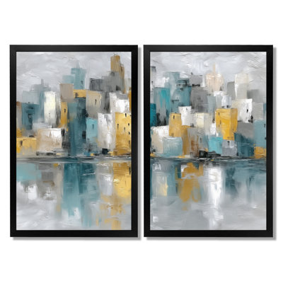 «Yellow Blue Abstract Cityscape New York City - New York City Wall Art, Yellow Cityscape, reproduction sur toile 2 pièces