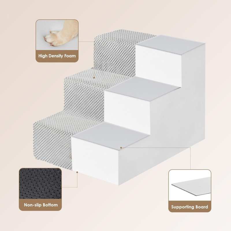 Light Gray 3-Step Foam Dog Stairs with Non-Slip Cover