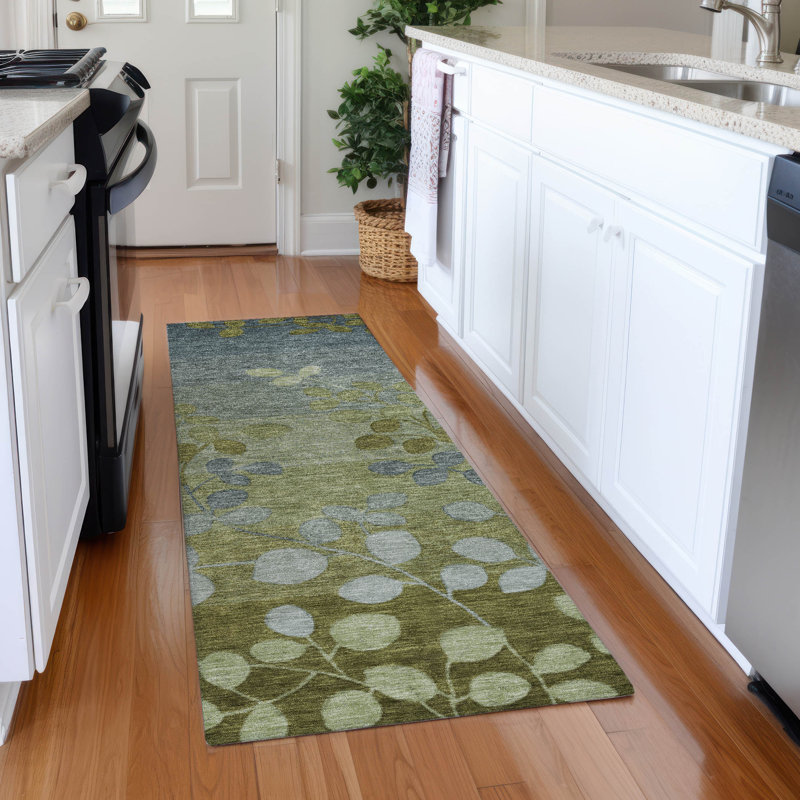 Machine Washable Indoor/Outdoor Xhevrie Olive Rug, Runner 2'3" x 7'6"