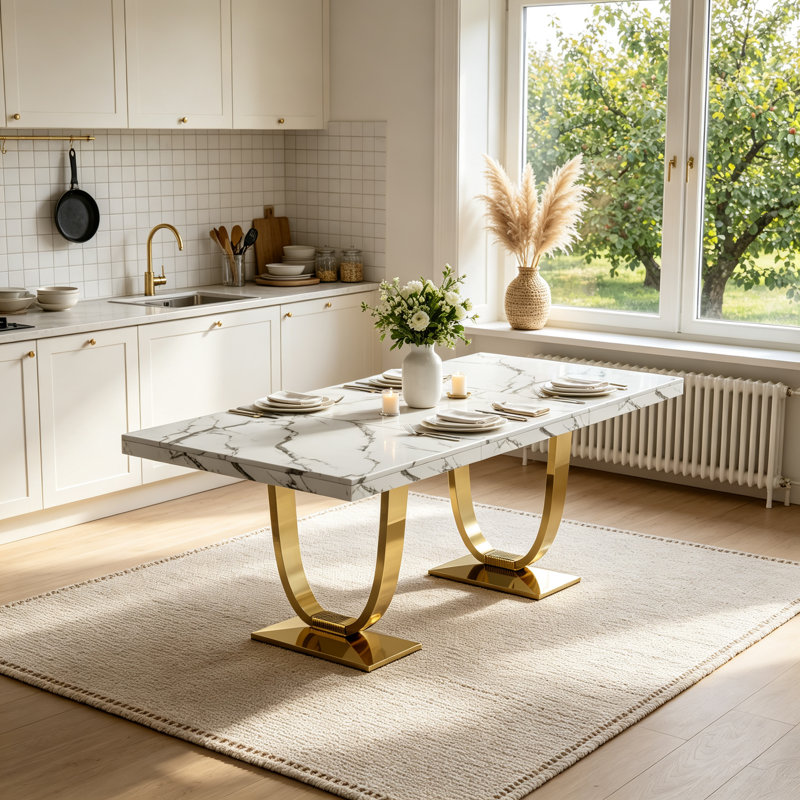 Table de salle à manger rectangulaire moderne et luxueuse de 70 pouces avec plateau imprimé marbre blanc et pied central en acier inoxydable pour la cuisine