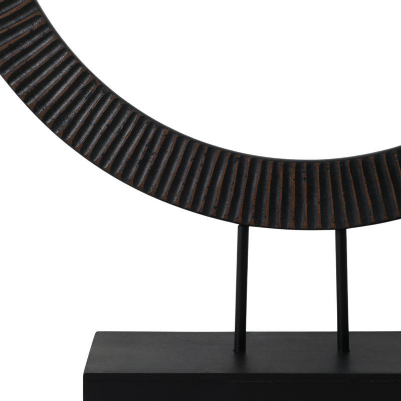 Modern Mango Wood and Iron Ring Sculpture on Rectangular Base Decorative Accent with Grooved Texture for Contemporary Display in Casual or Minimalist Settings, Sleek Freestanding Art Object